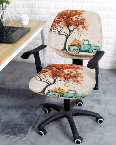 Savannan Office Chair Cover, Fall Orange Maple Tree Pumpkin Protective Stretch Elastic Universal Cover for Desk Task Chair,Computer Rotating Chair 1 Pcs Farm Truck Retro Linen