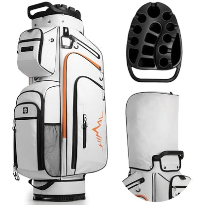 uniHimal Golf Cart Bag with 14-Way Full-Length Dividers, Golf Bag for Men Women with Magnetic Leather Pocket, Handles and Rain Cover, Lightweight Golf Club Bag Includes Cooler Pockets - color: White Orange