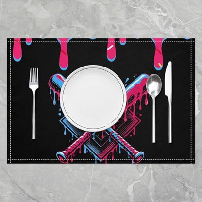 jejeloiu Baseball Placemats Set of 4 12x18 Inch Baseball Gaming Table Mats for Party Kitchen Diningation Holiday Pink Ice Cream Drip Place Mat for Dinner Table Indoor Non-Slip Easy to Clean Washable - color: Black Pink Blue