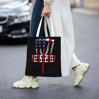 NIENIE Usa Flag Disc Golf Tote Bag for Women Shopping Bags Reusable Large Capacity Casual Shoulder Handbags DIY Gift Bags Cute Canvas Tote Bag