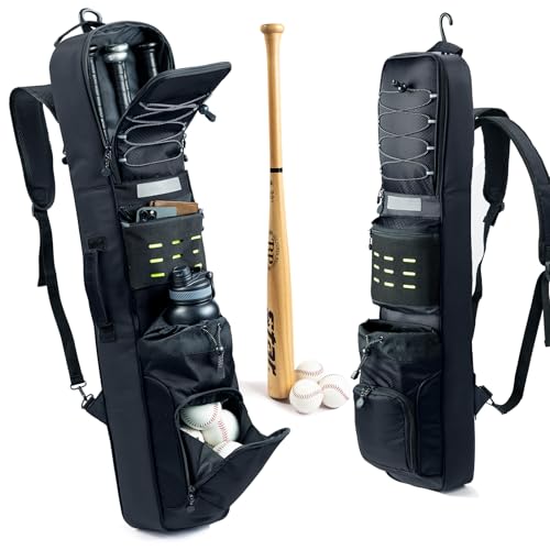 Rolling Baseball Bat Bag with Wheels, Large Capacity Gear Bag Holds 4 Bats, Reinforced Hard Base & Structured Back Panel, Top & Bottom Grab Handles, Shoe & Helmet Compartments for Youth &Adult Players - color: Black - Slim Style - No Wheels