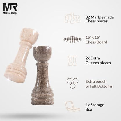 Marble Chess Set 15" Inches Oceanic and Verona with Storage Box and 2 Extra Queen Handmade Luxury Board Games for Adults, Ideal Marble Chess Board Game Set & Chess Pieces - color: Oceanic & Verona