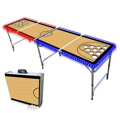 PARTYPONG 8-Foot Folding Beer Pong Table w/Cup Holes & LED Lights - Basketball Court Edition - style: w/ Cup Holes & LED Lights