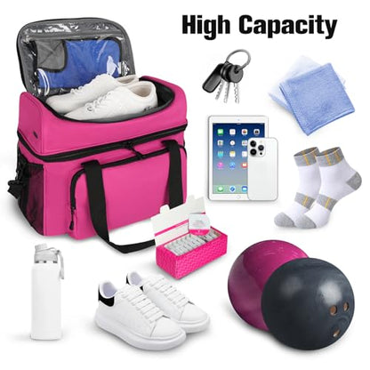 LARIPOP 2 Ball Bowling Bag Double Bowling Ball Carrier with Padded Holder, Shoe Compartment for Men Women Bowling League & Tournament - color: Rose Red