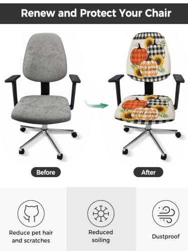 Savannan Office Chair Cover, Retro Thanksgiving Pumpkin Sunflowers Protective Stretch Elastic Universal Cover for Desk Task Chair,Computer Rotating Chair 1 Pcs Black Orange Plaid