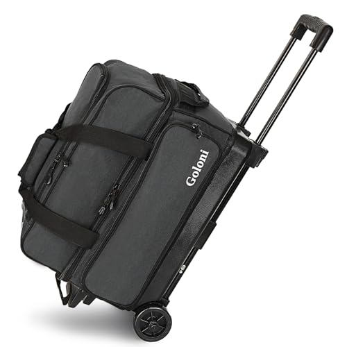 Goloni Double Roller 2 Ball Bowling Bag with Separate Shoe Compartment,2 Ball Bowling Bag with Wheels,Retractable Handle Extends to 40" - color: Dark Grey