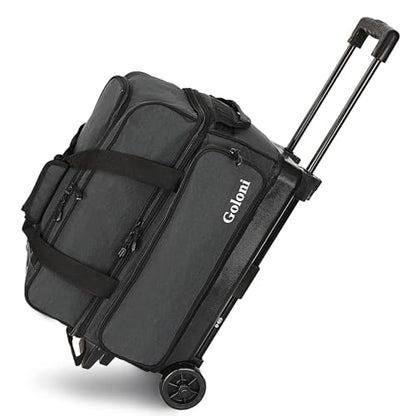 Goloni Double Roller 2 Ball Bowling Bag with Separate Shoe Compartment,2 Ball Bowling Bag with Wheels,Retractable Handle Extends to 40" - color: Dark Grey