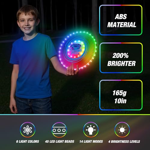 HYES 2 Pack Light up Flying Discs for Kids, 45 LEDs, 14 Lighting Modes, Rechargeable Glow in The Dark Flying Ring for Beach, Camping, Outdoor Game, Sport Toys for Teens Boys Adult - size: 2PCS: 10in + 10in