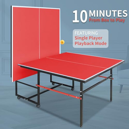 Ping Pong Table Foldable Indoor 8/8.5/9FT Single Player Playback Mode Game Set with Paddles and Balls - color: Red-8x4FT
