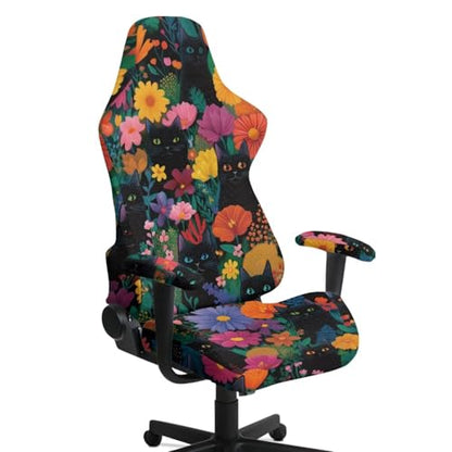 Suobstales Cat Floral Pattern 4-Piece Gaming Chair Slipcover Set, Stretch Elastic Cover with Armrest Covers, Washable Computer Gamer Chair Slipcovers for Racing, Reclining & Ergonomic Office Chairs - color: Cat Floral