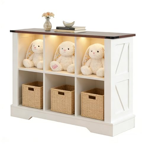 6 Cube Storage Organizer with LED Lights, Wooden Cube Bookcase with Back Panel, White Cube Shelf Freestanding Bookshelf, Hallway TV Stand for Living Room, Bedroom, Office - color: White, size: 6-cube