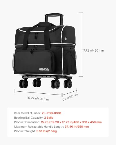 VEVOR Bowling Ball Bag, 2-Ball Bowling Bag with Wheels, Featuring a Separate Compartment for Shoes (Up to US Size 16) & Oversized Accessory Pocket, Retractable Handle Extends to 41.32 in