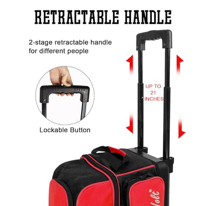 WOLT Double Roller 2 Ball Bowling Bag with Separate Shoe Compartment, Large Capacity Bowling Ball Bag with Accessory Pocket, Retractable Handle Extends to 40" - color: Red