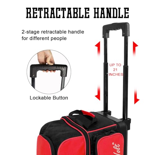 WOLT Double Roller 2 Ball Bowling Bag with Separate Shoe Compartment, Large Capacity Bowling Ball Bag with Accessory Pocket, Retractable Handle Extends to 40" - color: Red