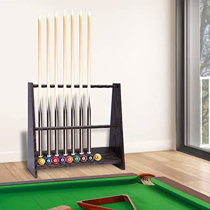 DKSLALALI Wooden Freestanding Pool Stick Holder, 10 Pool Multifunctional Billiard Cue Rack Floor Stand Pool Table Accessories with Ball Storage for Billiard Room, Game Room & Club