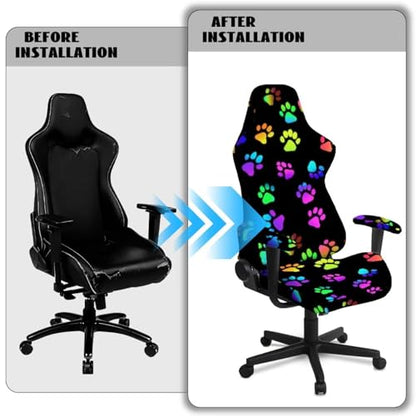 Colorful Paw Print Gaming Chair Cover with Armrest Covers Cat Proof Soft Stretchable Gaming Chair Slipcover Non Slip Washable Computer Chairs Seat Slipcovers Fits Most Office/PC Chairs 4 PCS - color: Colorful Paw Print