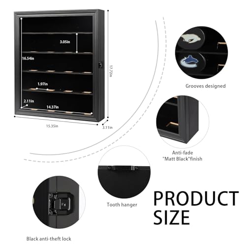 20 Hockey Puck Display Case - Puck Holder Wall Mount Cabinet Stand - Hockey Puck Shadow Box with Glass, Large Black - size: Large-Black