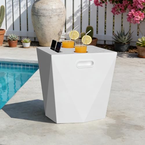 Modern Assemble-Free Outdoor Side Table, Pool Side Table for Inside Pool or on Patio, Lounger Table with 2 Cup Holders * 1 Tablet Holder, White