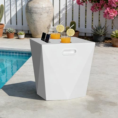 Modern Assemble-Free Outdoor Side Table, Pool Side Table for Inside Pool or on Patio, Lounger Table with 2 Cup Holders * 1 Tablet Holder, White