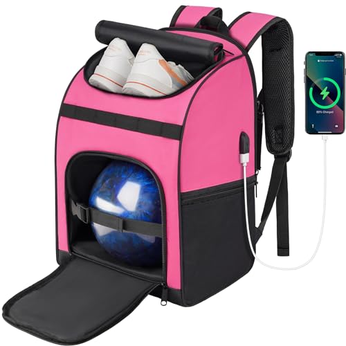 Single Bowling Ball Bag Backpack with Shoe Bag Up to Size 16, Accessories Gifts for Bowling Lovers,Bowling Bag with Padded Ball Holder - color: Pink