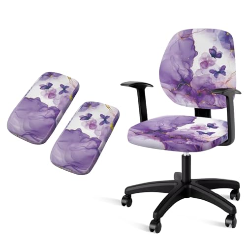 Butterfly Computer Chair Cover with Purple Marble Print Computer Chair Arm Rest Pads 2 Piece Desk Chair Covers Stretchable - color: Butterfly Purple Marble Print