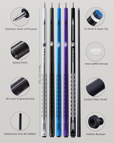 CRICAL Carbon Fiber Pool Cue Stick - 58" Low Deflection Professional Pool Cue with Pro Taper Shaft, 3D Anti-Slip Wrapless Grip, 12.5mm Tip & 3/8x8 Joint Billiard Stick for Enhanced Control & Accuracy - color: CL-PD-Grey