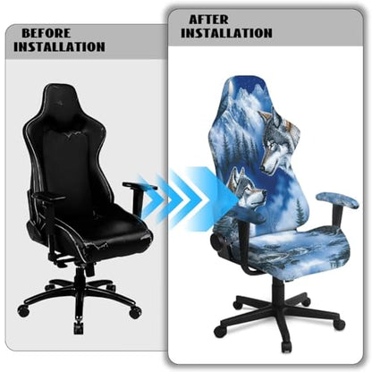 Suobstales Wolf Mountsin Forest Print Gaming Chair Cover Washable Gaming Chair Slipcovers with Armrest Covers, Stretch Anti-Scratch Universal Fit Ergonomic Office Desk & Racing Computer Gamer Chairs - color: Wolf Mountsin Forest
