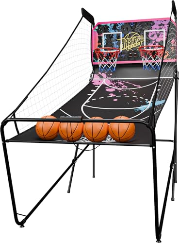 2-Player Electronic Basketball Arcade Game, Indoor Foldable, 8 Game Options, Dual LED Scoreboard, 81.1in Height - color: Black & Purple