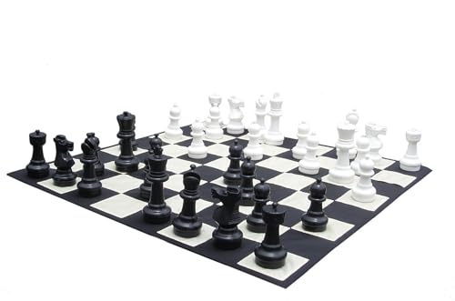 Large 12 inch Tall King Black and White Complete 32 Piece Set of Indoor/Outdoor Chess Set with 4 Foot 7 inch Nylon Mat Board