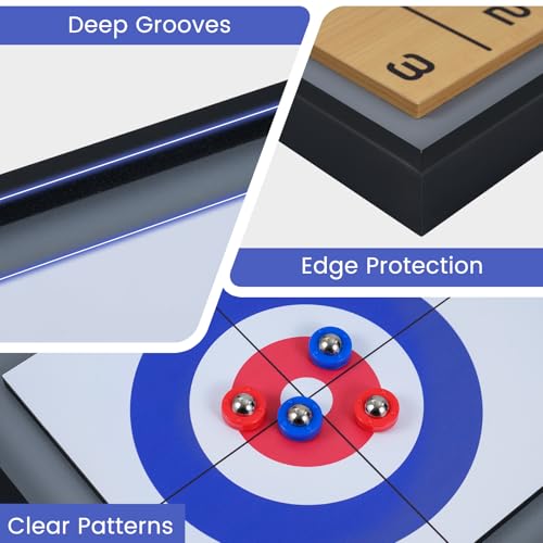Goplus Shuffleboard and Curling 2 in 1 Board Game, Portable 2 Sided Tabletop Shuffle Board Game with 8 Rolling Pucks, Wooden Shuffleboard and Curling Combo Game Set for Adults