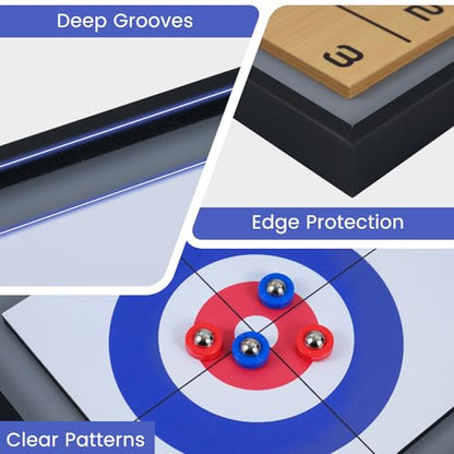 Goplus Shuffleboard and Curling 2 in 1 Board Game, Portable 2 Sided Tabletop Shuffle Board Game with 8 Rolling Pucks, Wooden Shuffleboard and Curling Combo Game Set for Adults