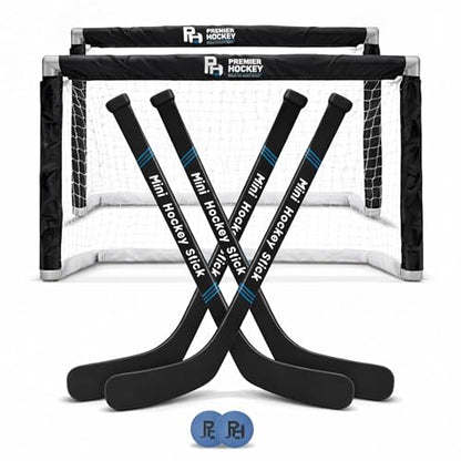 Premier Sports Mini Hockey Set – Complete 4-Player Indoor Kit with (2) Mini Goals, (4) Mini Sticks, and (2) Foam Balls