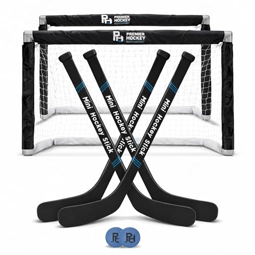 Premier Sports Mini Hockey Set – Complete 4-Player Indoor Kit with (2) Mini Goals, (4) Mini Sticks, and (2) Foam Balls