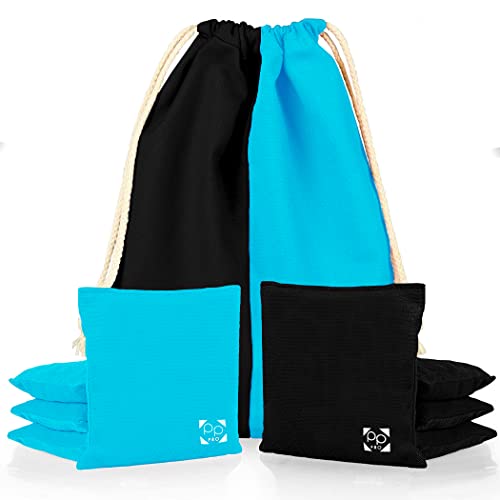 Professional Cornhole Bags - Set of 8 Regulation All Weather Double Sided - Sticky Side/Slick Side Bean Bags for Pro Corn Hole Game - color: Light Blue & Black