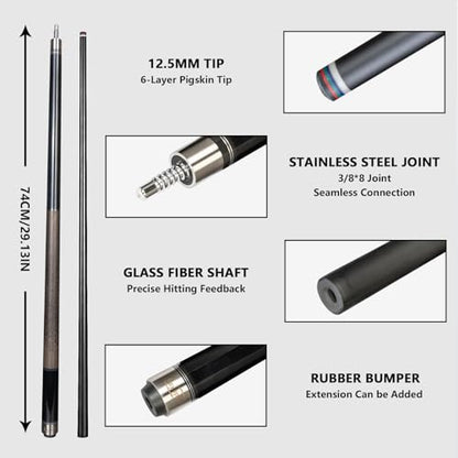 Glass Fiber Pool Cue with Case Canadian Maple Wood Pool Stick Low Deflection Cue Stick Pool Cue Kit with Case,Gloves,Tips and Extension - color: Black