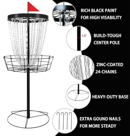 TARUMG Disc Golf Basket - Portable Disc Golf Target with Heavy Duty 24-Chains Come with Transit Bag and 3pcs Disc Golf Discs, Ground Stake -Suitable for Players of All Levels - Multi Color Available - style: Plus Black
