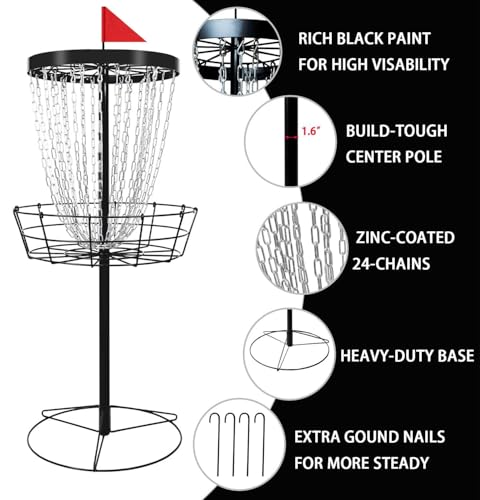 TARUMG Disc Golf Basket - Portable Disc Golf Target with Heavy Duty 24-Chains Come with Transit Bag and 3pcs Disc Golf Discs, Ground Stake -Suitable for Players of All Levels - Multi Color Available - style: Plus Black