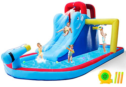 JOYLDIAS Inflatable Bounce House, Water Slide Bouncer Playhouse Castle w/Splash Pool, Climbing Wall, Basketball Hoop & Carry Bag, 480W Air Blower for Kids Backyard Indoor Outdoor Use, Free Water Gun - color: 3 in 1