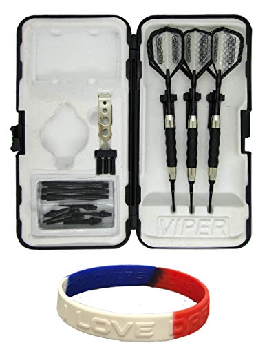 Sure Grip Viper Black Soft Tip Darts with Dart Case & Accessories Choice of Flights 16 or 18 Grams Plus I Love Darts Bracelet (Dimplex Clear, 18g)