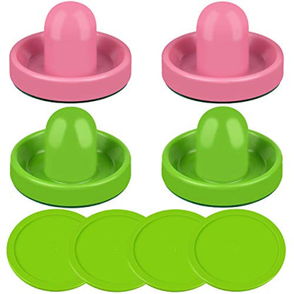 ONE250 Air Hockey Pushers and Red Air Hockey Pucks, Goal Handles Paddles Replacement Accessories for Game Tables (4 Striker, 4 Puck Pack) - color: Pink & Green