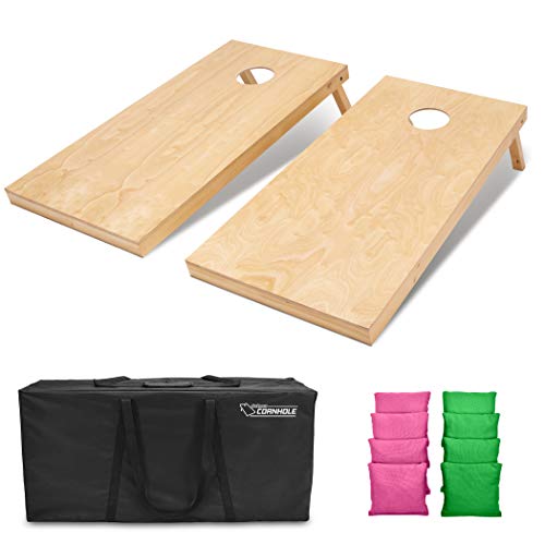 GoSports Regulation Size Wooden Cornhole Set with Natural Wood Finish - Includes Carrying Case - color: Bright Green & Pink
