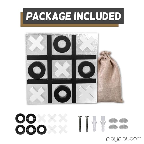 Play Platoon Magnetic Tic Tac Toe Game - Large Metal and Wooden Wall Mounted Board Games - 13.5 Inch Table Top or Wall Mounted Farmhouse Rustic for Game Room - Black & White - color: Black & White