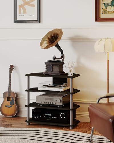 Game Console Stand, 4-Tier Small Entertainment Stand with Open Shelves, Media Center for Bedroom Dorm Living Room, Fits TV up to 32” - color: Espresso/Grey