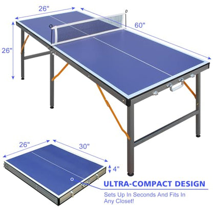 Mid-Size Table Tennis Table Foldable & Portable Ping Pong Table Set for Indoor Games with Net, 2 Table Tennis Paddles and 3 Balls