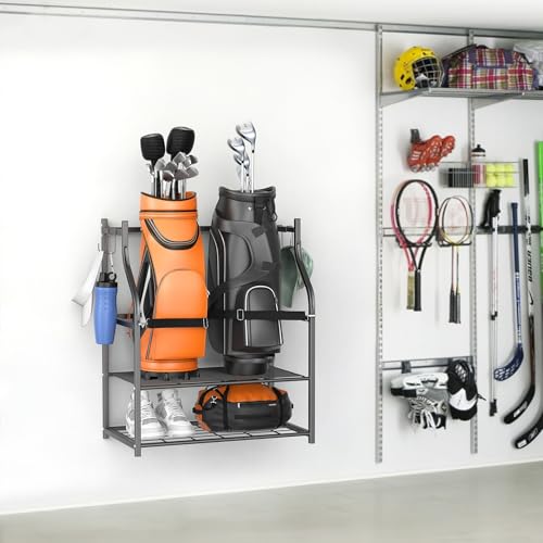 WALMANN Wall-Mounted Golf Bag Organizer, Rolling Storage Rack for 2 Golf Bags with Accessories Shelf for Garage