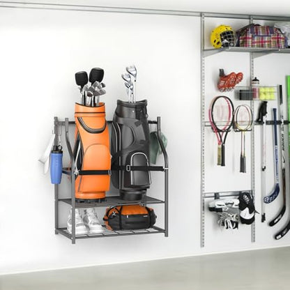 WALMANN Wall-Mounted Golf Bag Organizer, Rolling Storage Rack for 2 Golf Bags with Accessories Shelf for Garage
