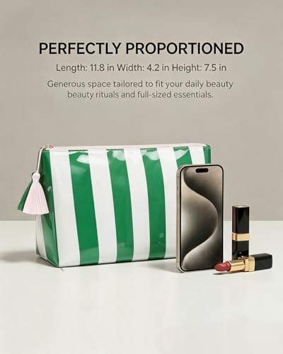 Striped Makeup Bag with Tassel Zipper, Large Waterproof Cosmetic Travel Pouch forWomen, Preppy Aesthetic Toiletry Bag Travel Essentials for Girls, Beach Bag Essentials Organizer Gift(Green White) - color: Green White
