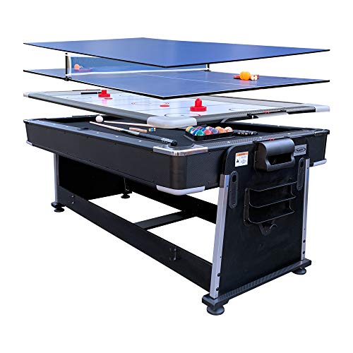 RACK Triad 7-Foot 3-in-1 Multi-Game Swivel Table - Billiards/Pool, Table Tennis & Air Hockey - color: Black Felt With Black Body