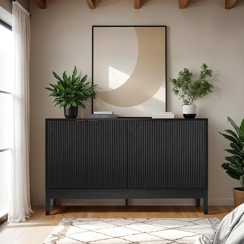 Best Choice Products 55" Modern 4-Door Sideboard Storage Cabinet, Buffet, Media Cabinet, Cupboard, Entryway Accent Table, Bookcase w/Reed Panels and Adjustable Shelves - Black - color: Black