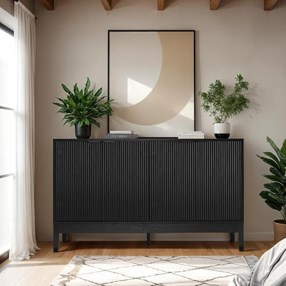 Best Choice Products 55" Modern 4-Door Sideboard Storage Cabinet, Buffet, Media Cabinet, Cupboard, Entryway Accent Table, Bookcase w/Reed Panels and Adjustable Shelves - Black - color: Black
